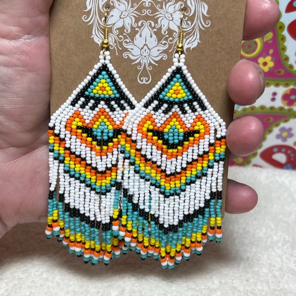 Hand Beaded Long Fringe Earrings Large Southwest Tribal Ethnic Native Indian NWT - Picture 4 of 5